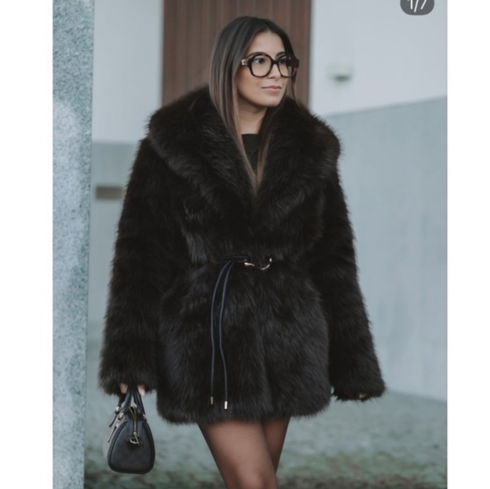 Zara FAUX FUR COAT WITH BELT BLACK - Picture 3 of 16
